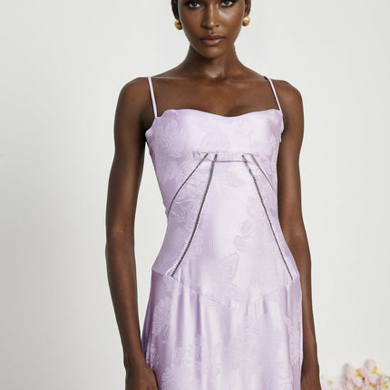Valerie Purple Seraphina Jacquard Maxi Dress Spaghetti Strap Sleeveless Low-Cut Neckline Patterned Fabric Side Zip Fastening Rear Tie Fastening Maxi Length Design Sizes Available Effortless Glamour
