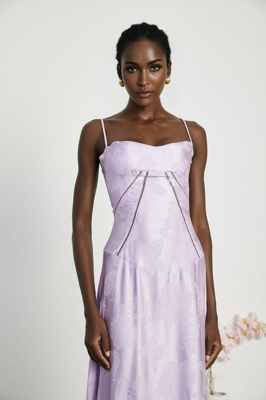 Valerie Purple Seraphina Jacquard Maxi Dress Spaghetti Strap Sleeveless Low-Cut Neckline Patterned Fabric Side Zip Fastening Rear Tie Fastening Maxi Length Design Sizes Available Effortless Glamour