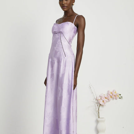 Valerie Purple Seraphina Jacquard Maxi Dress Spaghetti Strap Sleeveless Low Cut Neckline Jacquard Fabric Side Zip Fastening Rear Tie Fastening Maxi Length Design Elegant Graceful Glamour