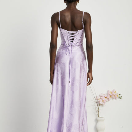 Valerie Purple Seraphina Jacquard Maxi Dress Sleeveless Spaghetti Strap Low Cut Neckline Side Zip Fastening Rear Tie Fastening Maxi Length Design