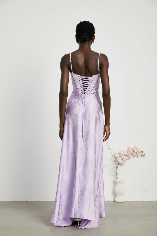 Valerie Purple Seraphina Jacquard Maxi Dress Sleeveless Spaghetti Strap Low Cut Neckline Side Zip Fastening Rear Tie Fastening Maxi Length Design