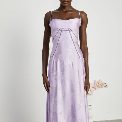 Valerie Purple Seraphina Jacquard Maxi Dress Spaghetti Strap Low-Cut Sleeveless Charm Elegant Glamour