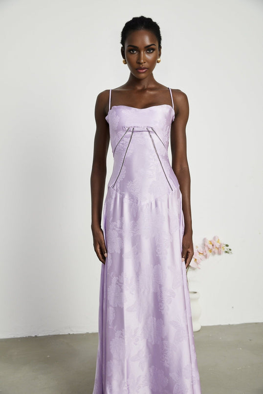 Valerie Purple Seraphina Jacquard Maxi Dress Spaghetti Strap Low-Cut Sleeveless Charm Elegant Glamour