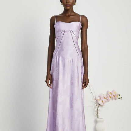 Valerie Purple Seraphina Jacquard Maxi Dress Spaghetti Strap Sleeveless Low-Cut Neckline Patterned Jacquard Fabric Side Zip Fastening Rear Tie Fastening Maxi Length Design Elegance Grace Glamour