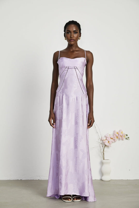 Valerie Purple Seraphina Jacquard Maxi Dress Spaghetti Strap Sleeveless Low-Cut Neckline Patterned Jacquard Fabric Side Zip Fastening Rear Tie Fastening Maxi Length Design Elegance Grace Glamour