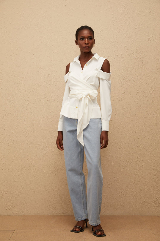 Valérie White Cold Shoulder Self Tie Shirt