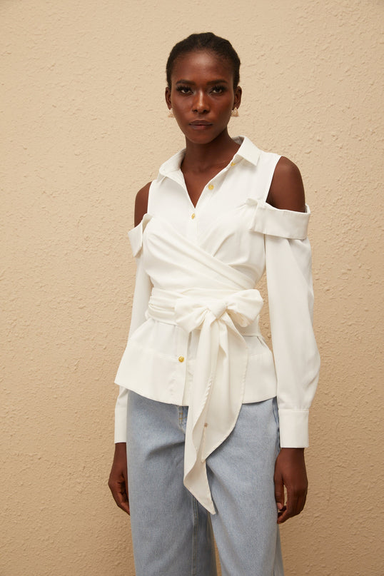 Valérie White Cold Shoulder Self Tie Shirt