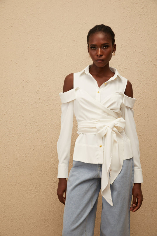 Valérie White Cold Shoulder Self Tie Shirt