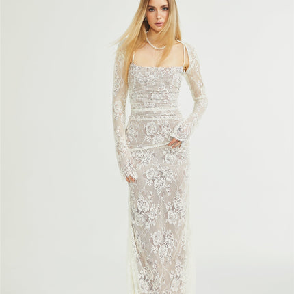 Valérie white floral lace mesh maxi dress