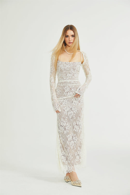 Valérie white floral lace mesh maxi dress