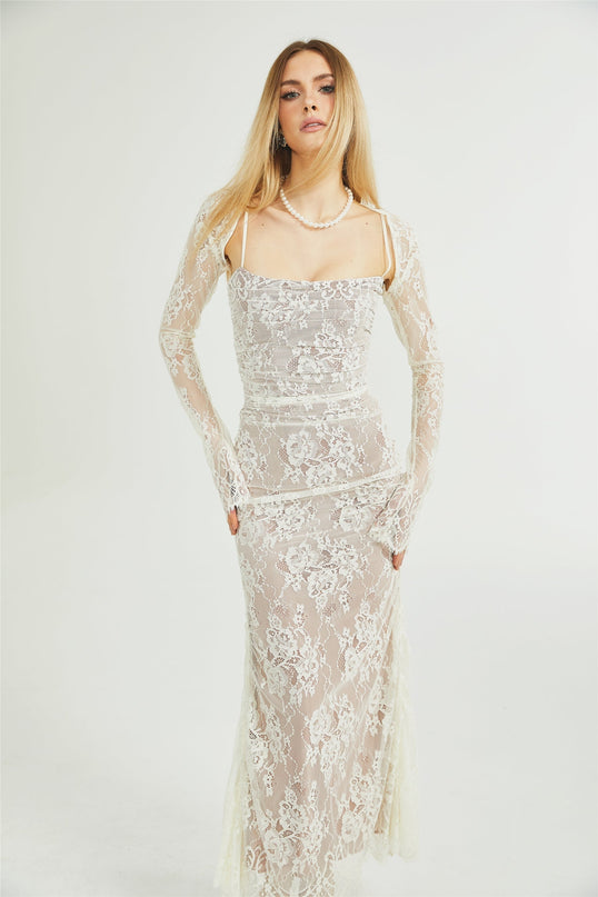 Valérie white floral lace mesh maxi dress