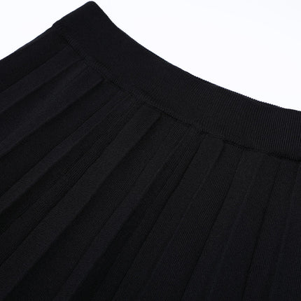Van Hoef Black Contrast Collar Cardigan Top and Pleated Maxi Skirt Set