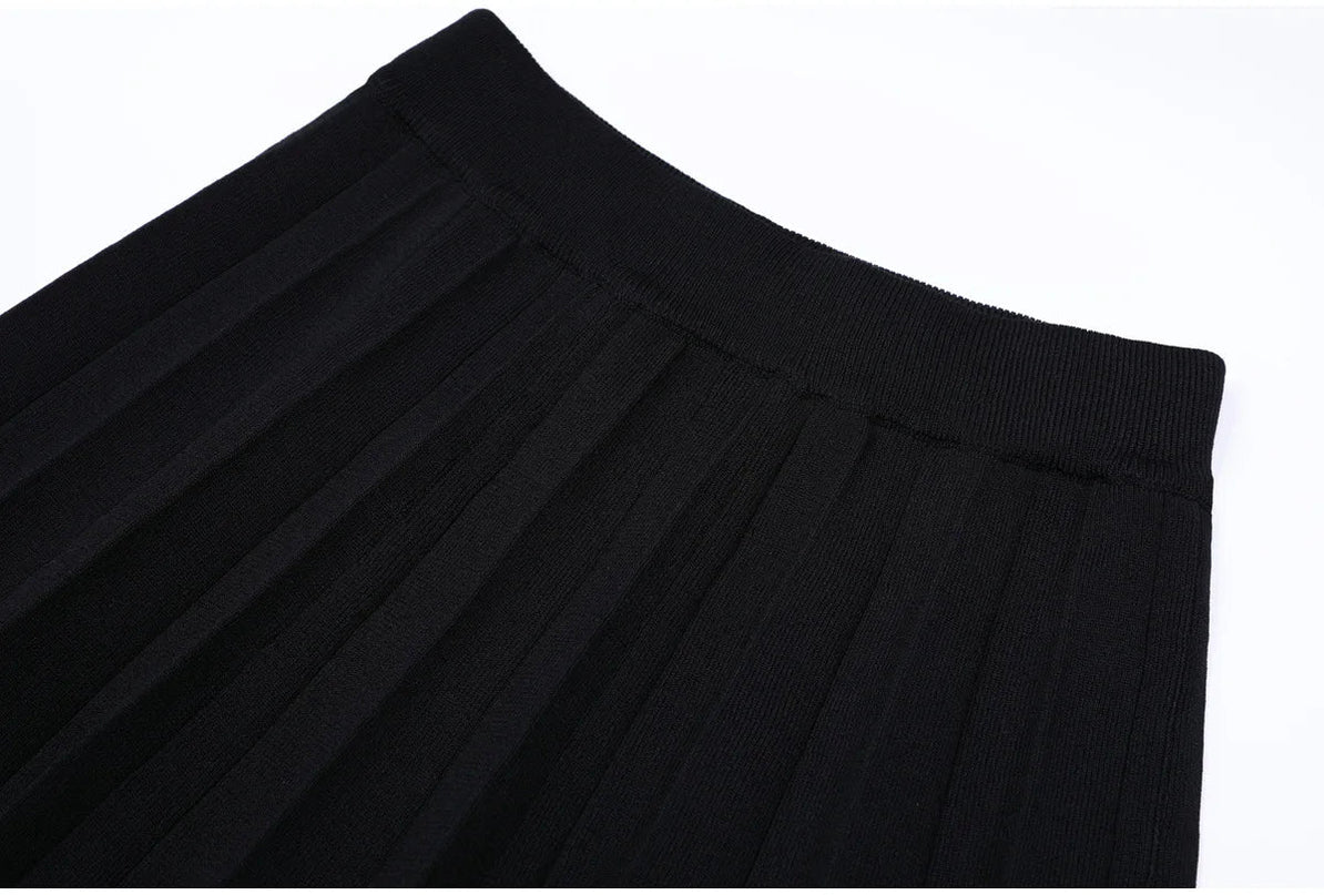 Van Hoef Black Contrast-Collar Cardigan Top and Pleated Maxi Skirt Set