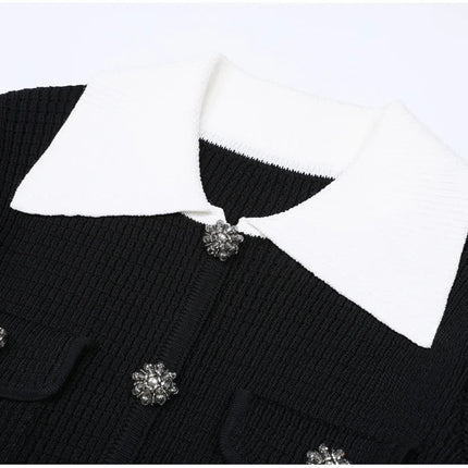 Van Hoef Black Contrast Collar Cardigan Top and Pleated Maxi Skirt Set