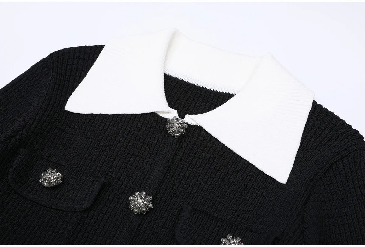 Van Hoef Black Contrast Collar Cardigan Top and Pleated Maxi Skirt Set