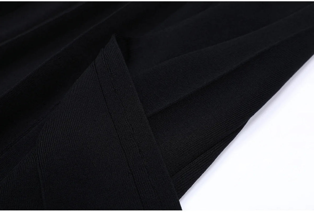 Van Hoef Black Contrast-Collar Cardigan Top and Pleated Maxi Skirt Set