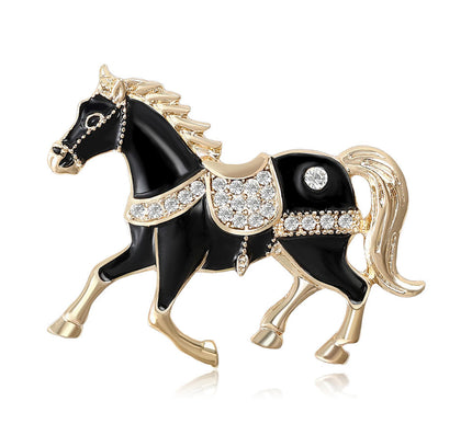 Van Hoef Black Enamel Horse Brooch Pin with Rhinestones