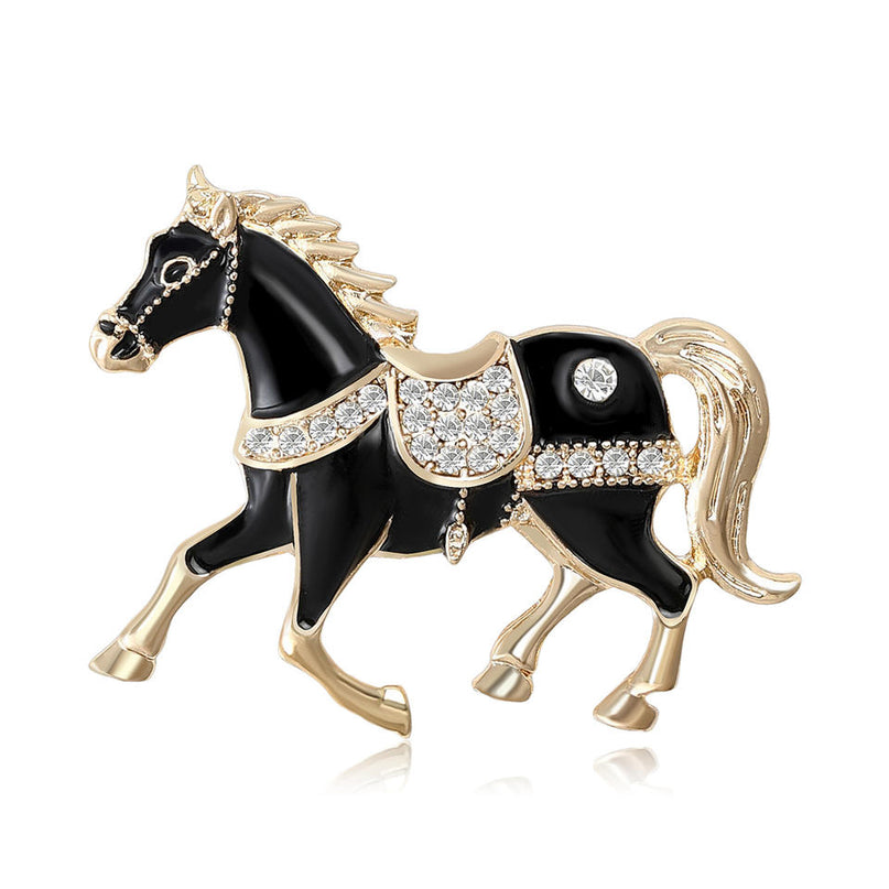 Van Hoef Black Enamel Horse Brooch Pin with Rhinestones