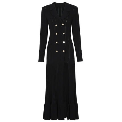 Van Hoef Black Knit Maxi Dress with Double-Breasted Front and Lapel Neckline for Women