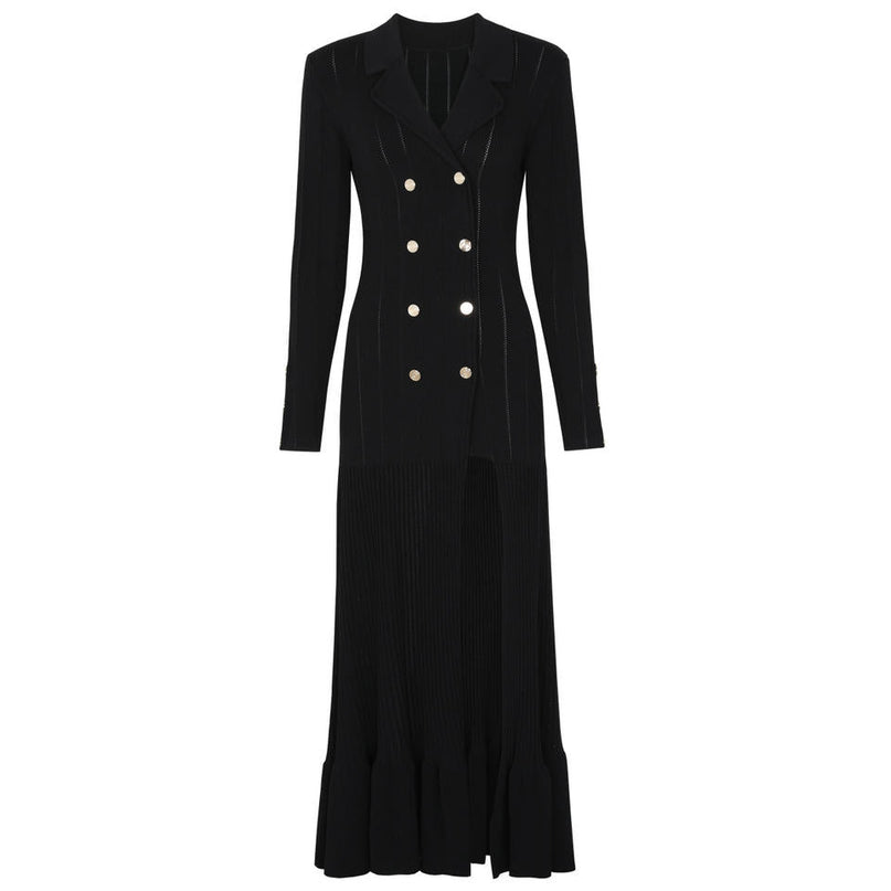 Van Hoef Black Knit Maxi Dress with Double-Breasted Front and Lapel Neckline for Women