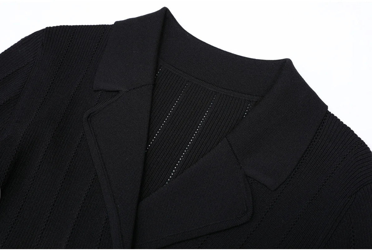 Van Hoef Black Knit Maxi Dress with Double-Breasted Front and Lapel Neckline for Women