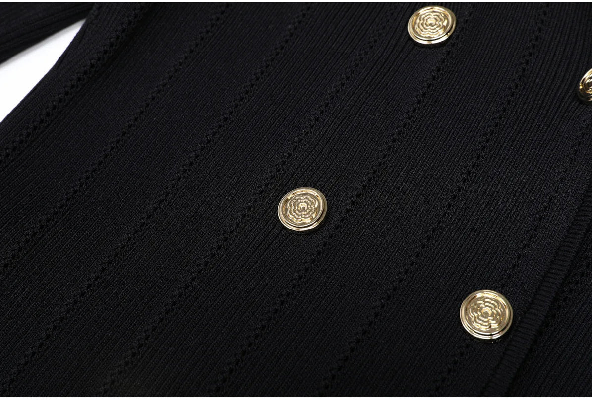 Van Hoef Black Knit Maxi Dress with Double-Breasted Front and Lapel Neckline for Women