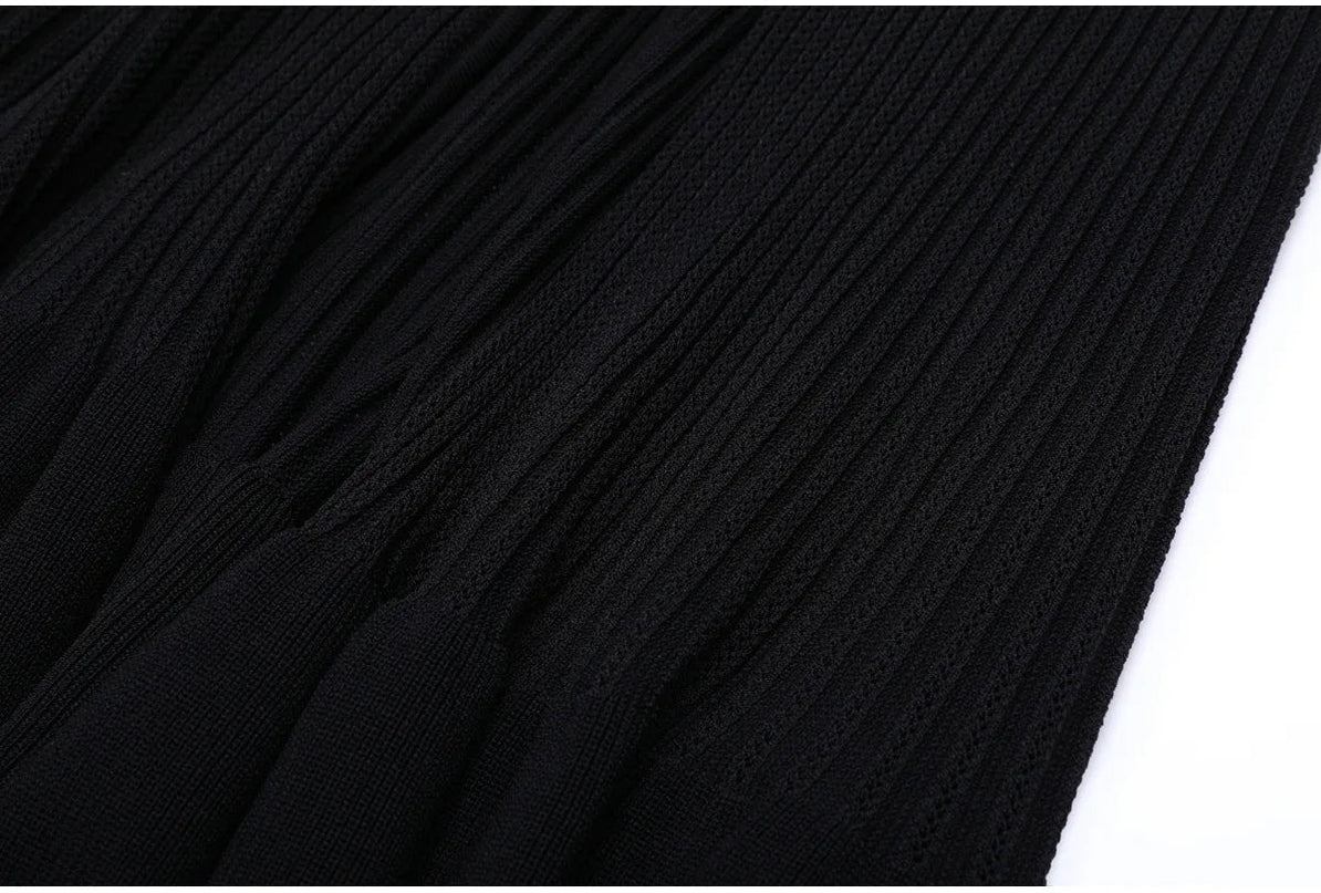 Van Hoef Black Knit Maxi Dress with Double-Breasted Front and Lapel Neckline for Women