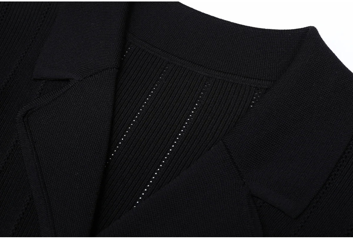 Van Hoef Black Knit Maxi Dress with Double-Breasted Front and Lapel Neckline for Women