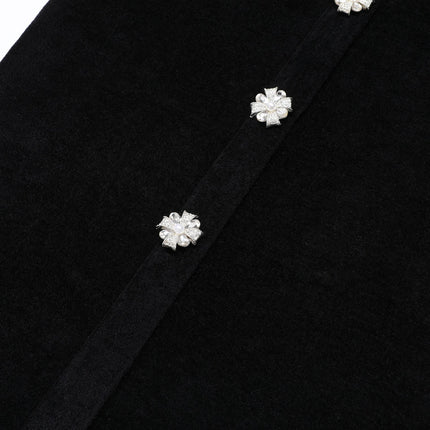 Van Hoef Black Midi Dress with Pearl-Trim Neckline and Button-Front Design