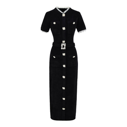 Van Hoef Black Midi Dress with Pearl-Trim Neckline and Button-Front Design