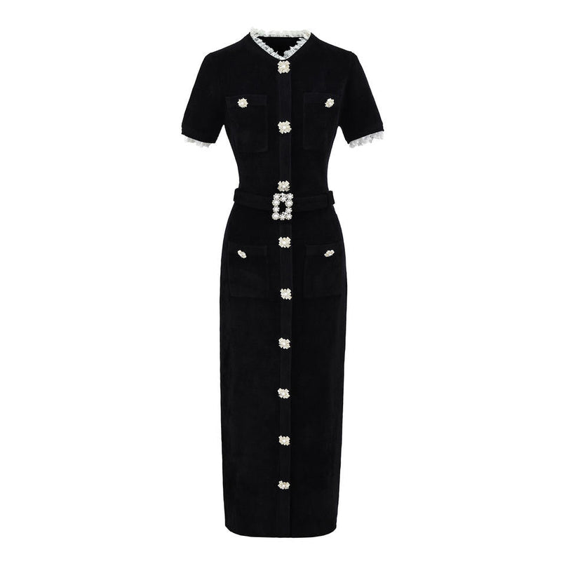 Van Hoef Black Midi Dress with Pearl-Trim Neckline and Button-Front Design