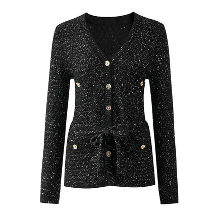 Van Hoef Black Sparkle Knit Cardigan with V-Neckline and Gold-Tone Button Front
