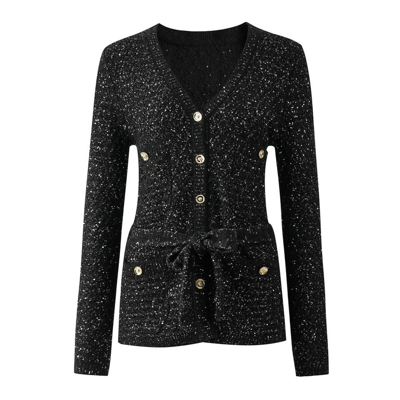 Van Hoef Black Sparkle Knit Cardigan with V-Neckline and Gold-Tone Button Front