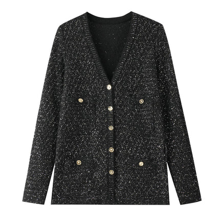 Van Hoef Black Sparkle Knit Cardigan with Gold-Tone Button Front and Adjustable Tie Waist