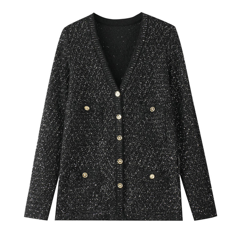 Van Hoef Black Sparkle Knit Cardigan with Gold-Tone Button Front and Adjustable Tie Waist