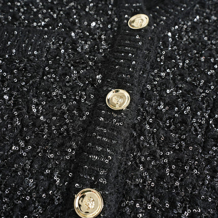 Van Hoef Black Sparkle Knit Cardigan with Gold-Tone Button Front and Adjustable Tie Waist