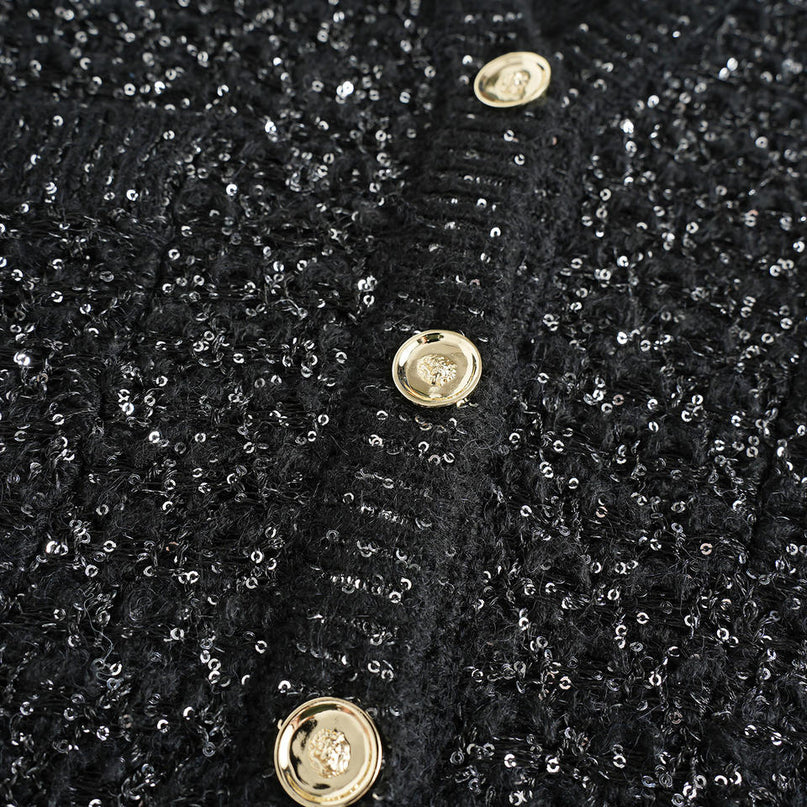 Van Hoef Black Sparkle Knit Cardigan with Gold-Tone Button Front and Adjustable Tie Waist