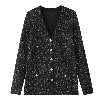 Van Hoef Black Sparkle Knit Cardigan with Gold-Tone Button Front and Adjustable Tie Waist