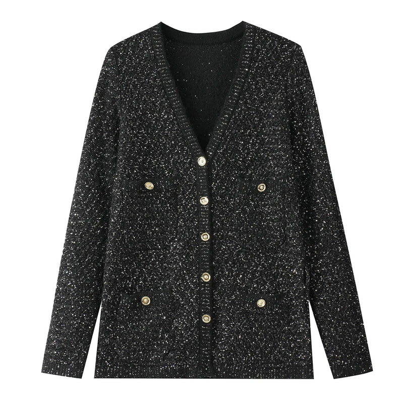 Van Hoef Black Sparkle Knit Cardigan with Gold-Tone Button Front and Adjustable Tie Waist