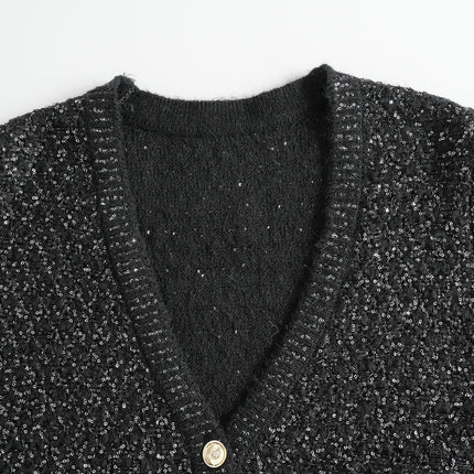Van Hoef Black Sparkle Knit Cardigan with Gold-Tone Button Front and Adjustable Tie Waist