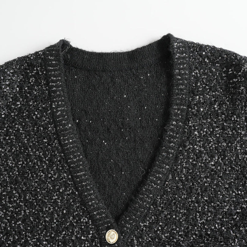Van Hoef Black Sparkle Knit Cardigan with Gold-Tone Button Front and Adjustable Tie Waist
