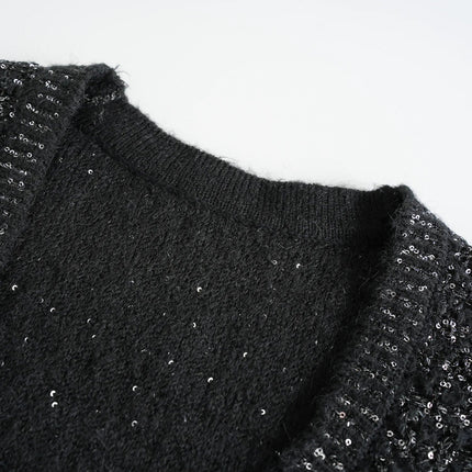 Van Hoef Black Sparkle Knit Cardigan with Gold-Tone Button Front and Adjustable Tie Waist