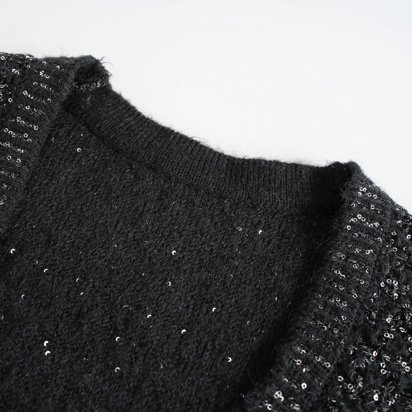Van Hoef Black Sparkle Knit Cardigan with Gold-Tone Button Front and Adjustable Tie Waist