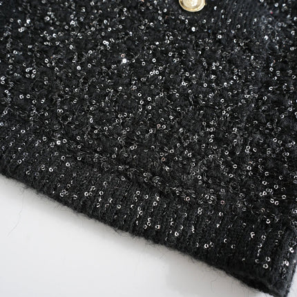 Van Hoef Black Sparkle Knit Cardigan with V-Neckline and Gold-Tone Buttons