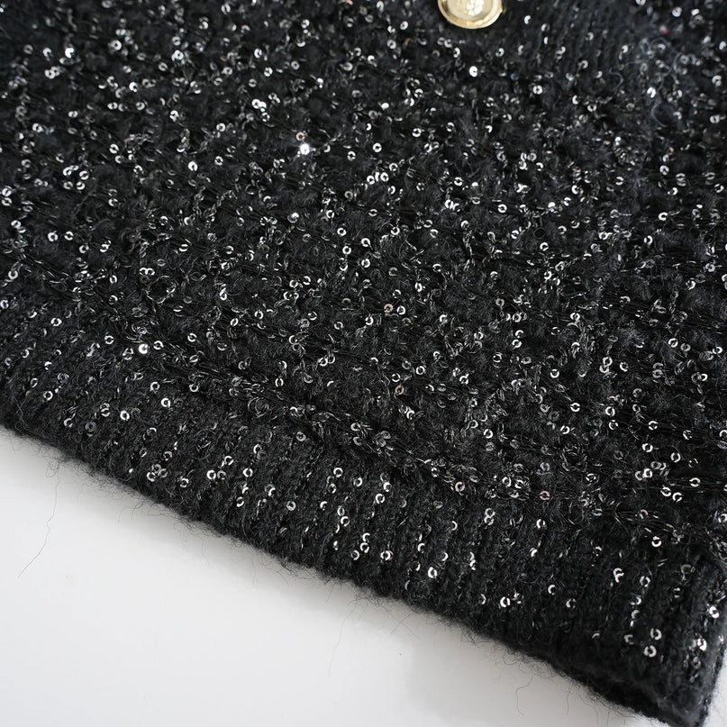 Van Hoef Black Sparkle Knit Cardigan with V-Neckline and Gold-Tone Buttons