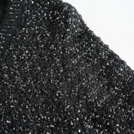 Van Hoef Black Sparkle Knit Cardigan with Gold-Tone Buttons and Adjustable Tie Waist
