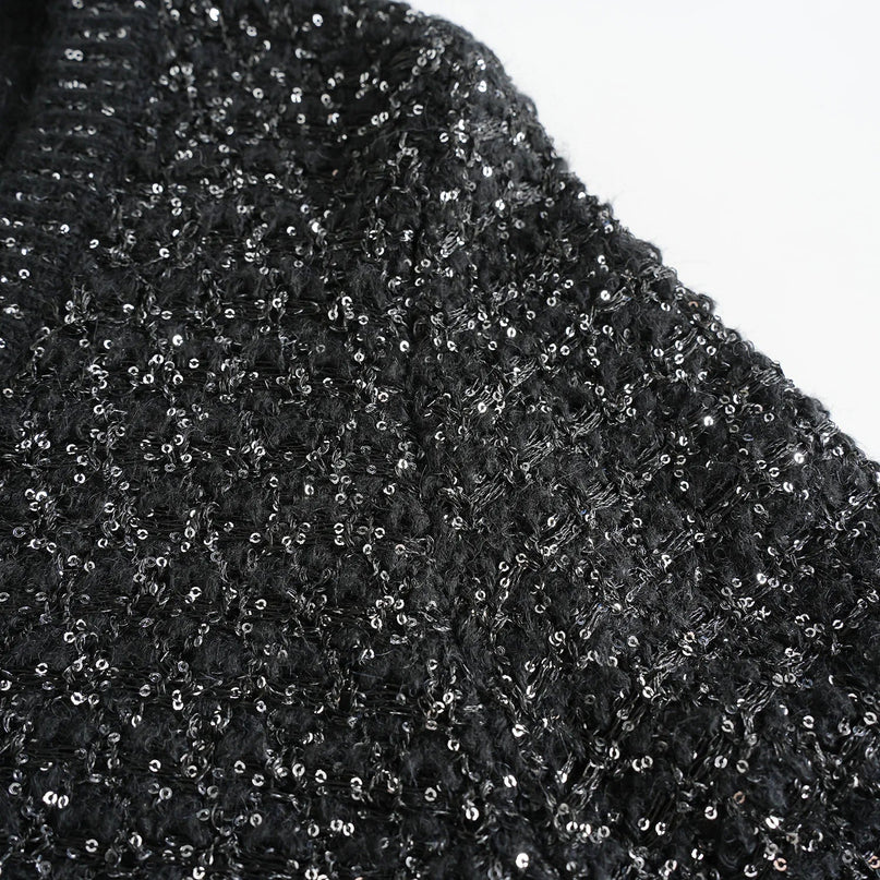 Van Hoef Black Sparkle Knit Cardigan with Gold-Tone Buttons and Adjustable Tie Waist