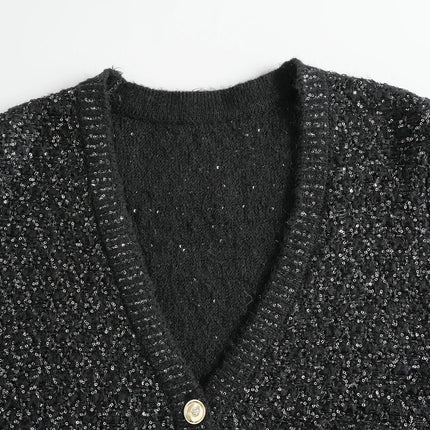 Van Hoef Black Sparkle Knit Cardigan with V-Neckline and Gold-Tone Button Front