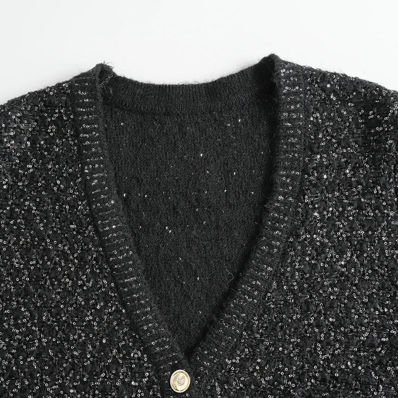 Van Hoef Black Sparkle Knit Cardigan with V-Neckline and Gold-Tone Button Front