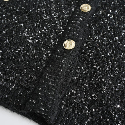 Van Hoef Black Sparkle Knit Cardigan with Gold-Tone Button Front and Adjustable Tie Waist
